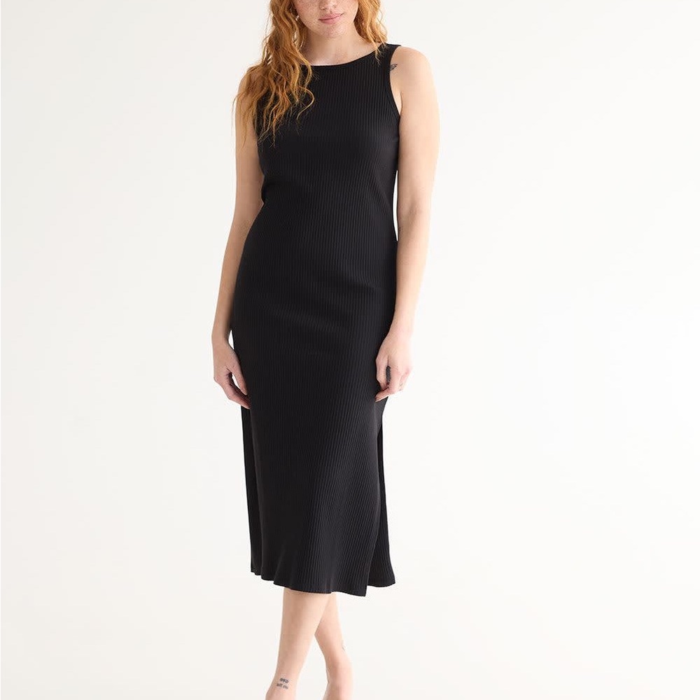 Sz XS Reitman’s Sleeveless Ribbed Midi Dress black with side slits crew  neck